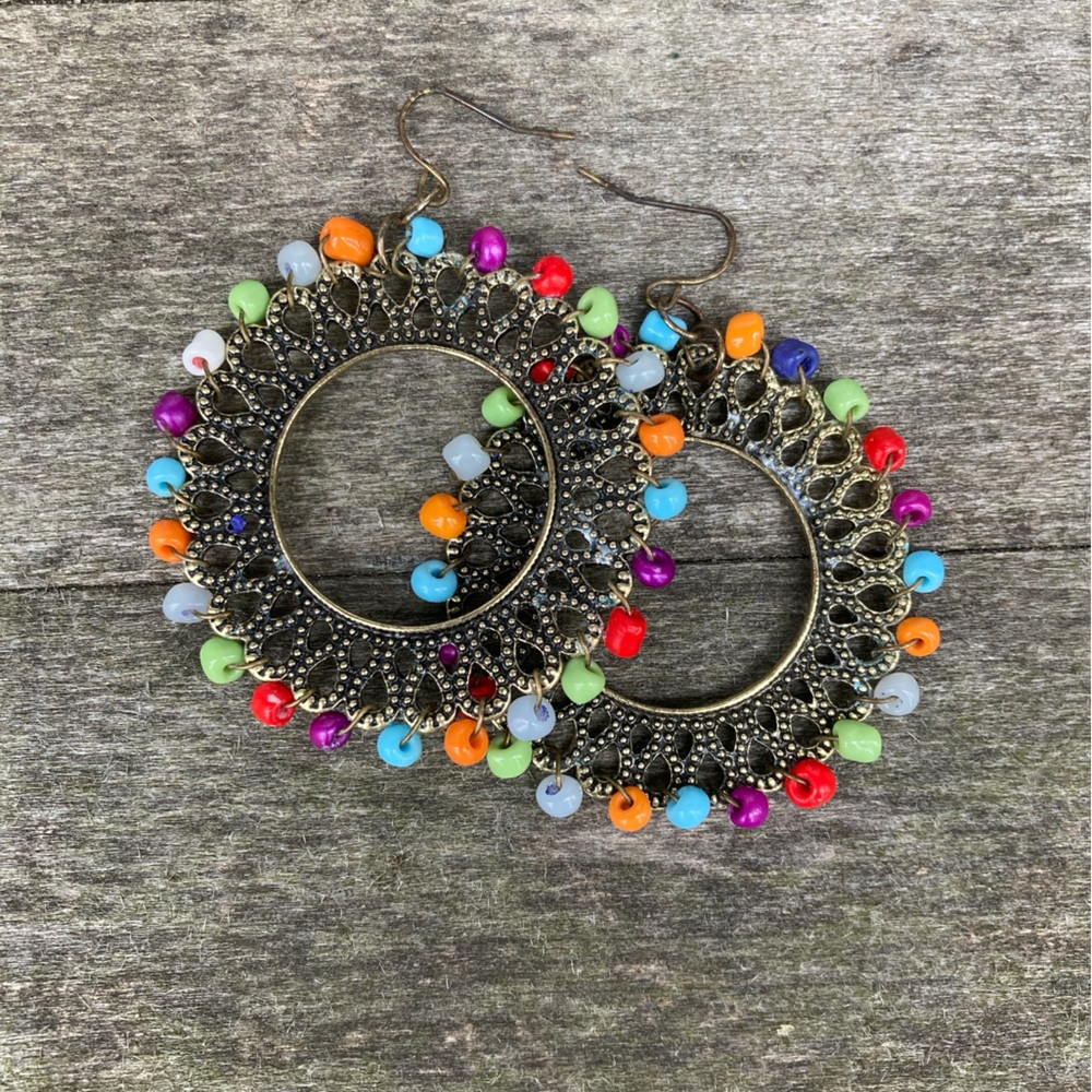 Boho EARRINGS Hoops Colorful Brass Beaded Red Pink Purple Green Blue Orange